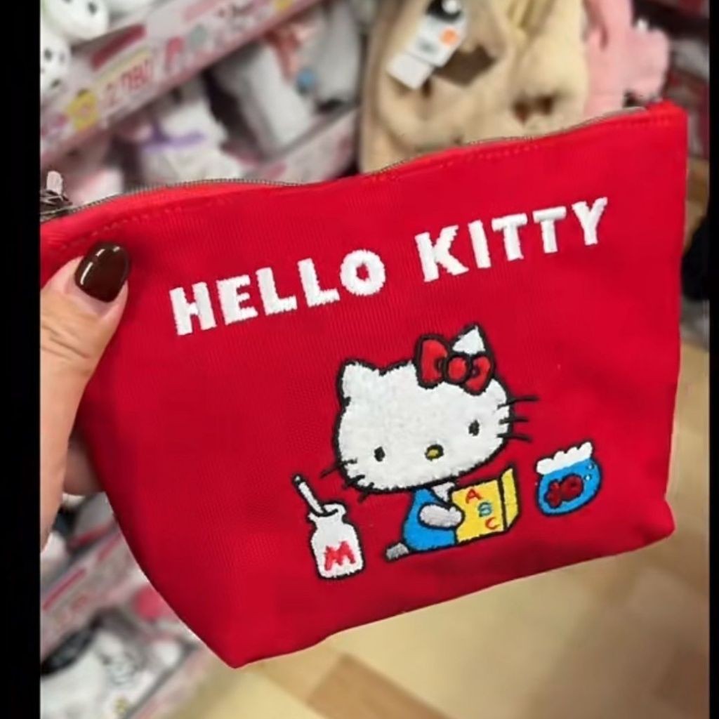 Retro Sanrio Hello Kitty เย็บปักถักร้อยกระเป๋าเหรียญแบบพกพาขนาดใหญ่ความจุ KT กระเป๋าเก็บกระเป๋าเครื่องสําอาง