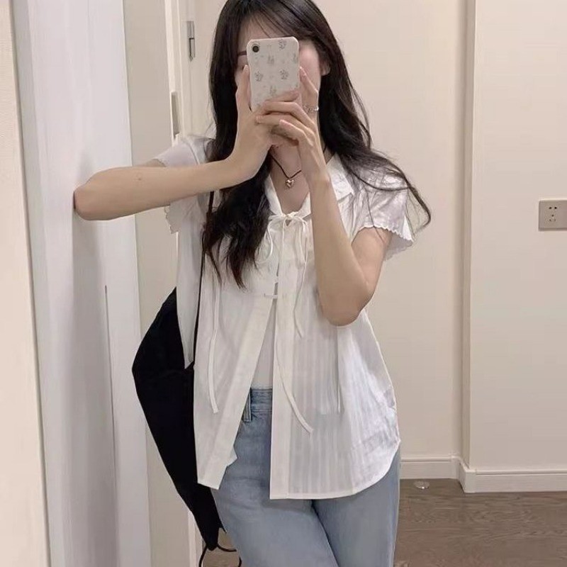 🧡LINNA🧡เวอร์ชั่นเกาหลี สีทึบ แขนสั้น เสื้อเชิ้ต ความเรียบง่าย หวาน
