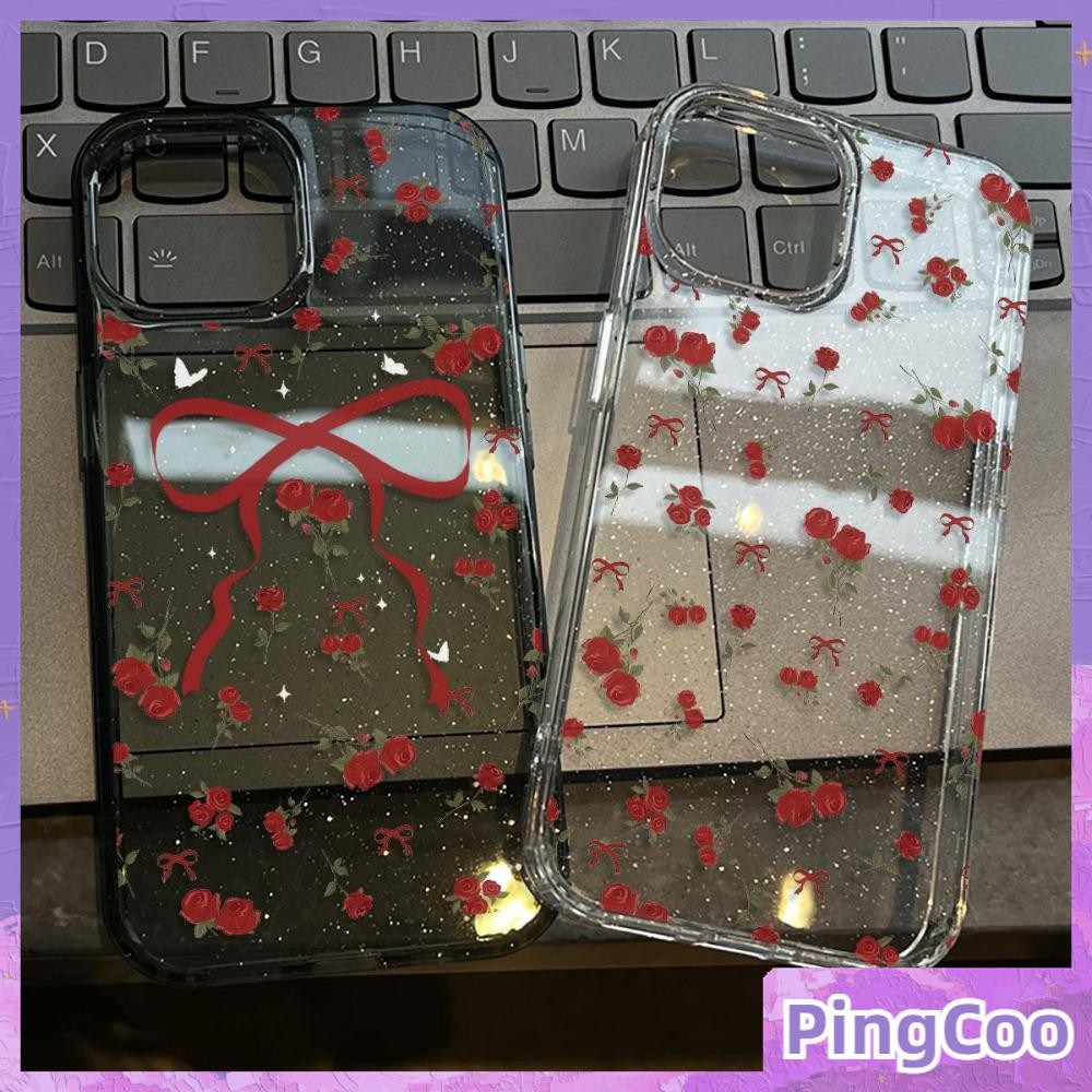 Pingcoo - เคส iPhone 16 Pro Max iPhone 11 เคสใสแบบแวววาว TPU นุ่มสีสันสดใส โบว์สีแดงสวยน่ารัก Compatible iPhone15 Pro max 14 13 12 Pro max XS XR 7 Plus 8 Plus