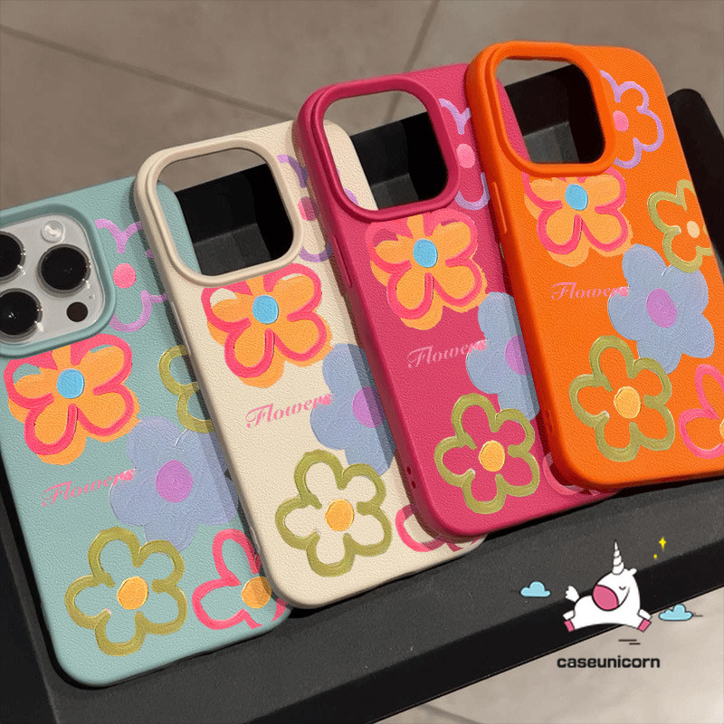 Ins Dopamine การ์ตูนดอกไม้สีน่ารักภาพวาดดอกไม้สําหรับ IPhone 11 12 16 13 15 14 Pro Max XR X 16 15 14 Plus XS Max หรูหราผิวรู้สึกหนังนุ่มกรณี