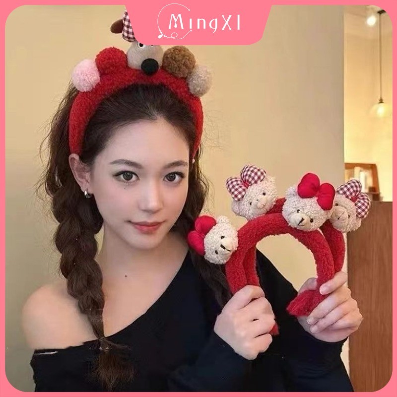 ปีใหม่สีแดงตุ๊กตาหมีคาดศีรษะหญิงสไตล์เกาหลีน่ารักโบว์หัววงผมเครื่องประดับผม
