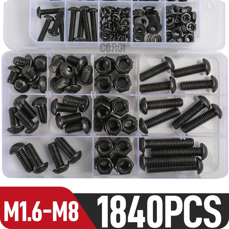 Black Button Head Socket Cap Machine Screws Assortment Kit M1.6 M2 M2.5 M3 M4 M5 M6 M8 Up To 1840 Al