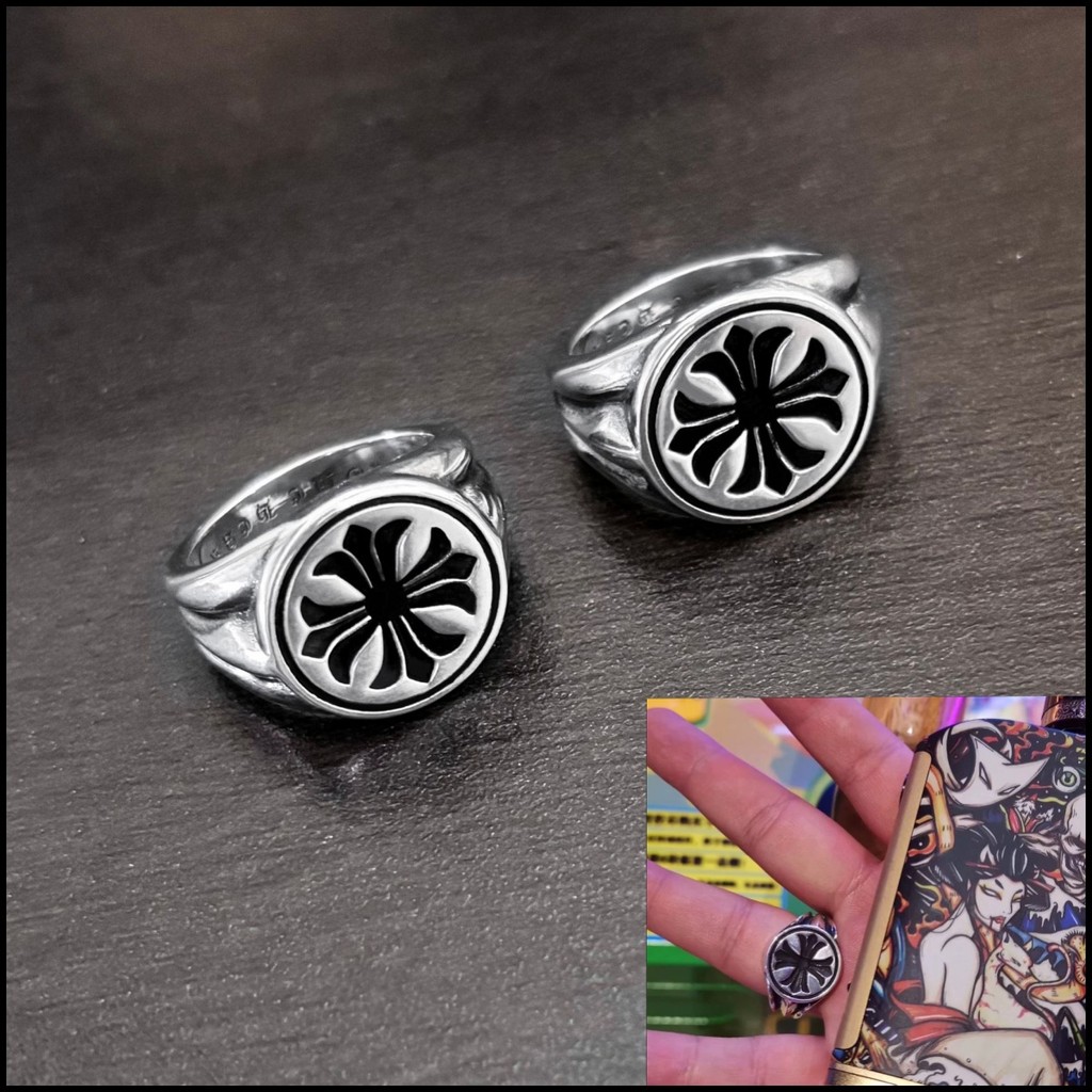 Chrome HEARTS เงิน 925 Cross ดอกไม้ซีลแหวน Vintage Punk Gothic Rock อุปกรณ์เสริม Street Hip Hop คู่เครื่องประดับของขวัญวันวาเลนไทน์ 9150
