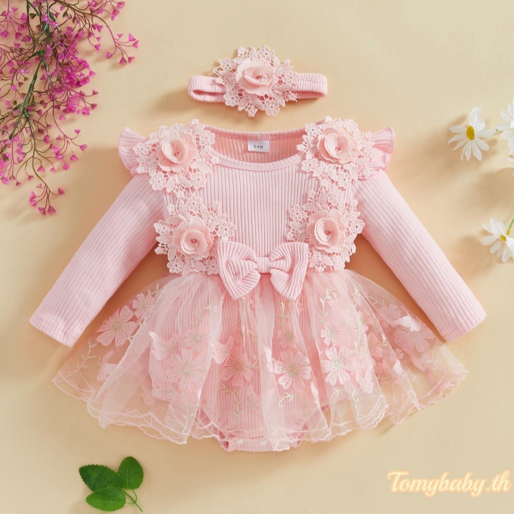 Tomybaby-เด็กทารกromperตาข่ายลูกไม้patchworkแขนยาวjumpsuits + ที่คาดผมน่ารัก