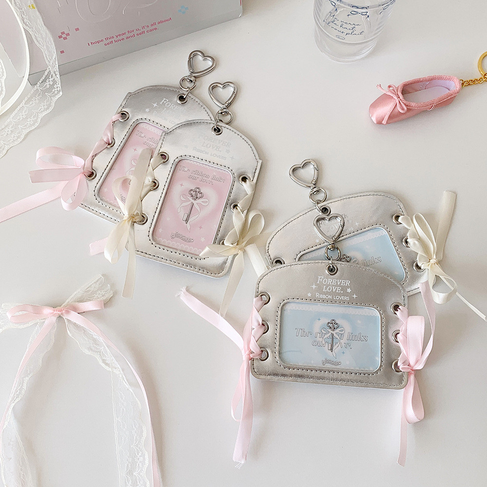 Ins Ballet Silver Leather PU Card Holder Ballet 3 Inch Small Card Display Hanging Protective Case Ribbon Idol Card Holder