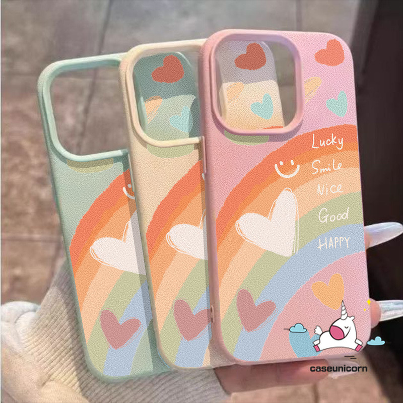 Candy สี Doodle Rainbow การ์ตูน Love Heart น่ารักยิ้มสําหรับ IPhone 16 11 12 15 14 13 Pro Max XR XS Max X 15 16 14 Plus หรูหราผิวรู้สึกหนังเนื้อนุ่มกรณี