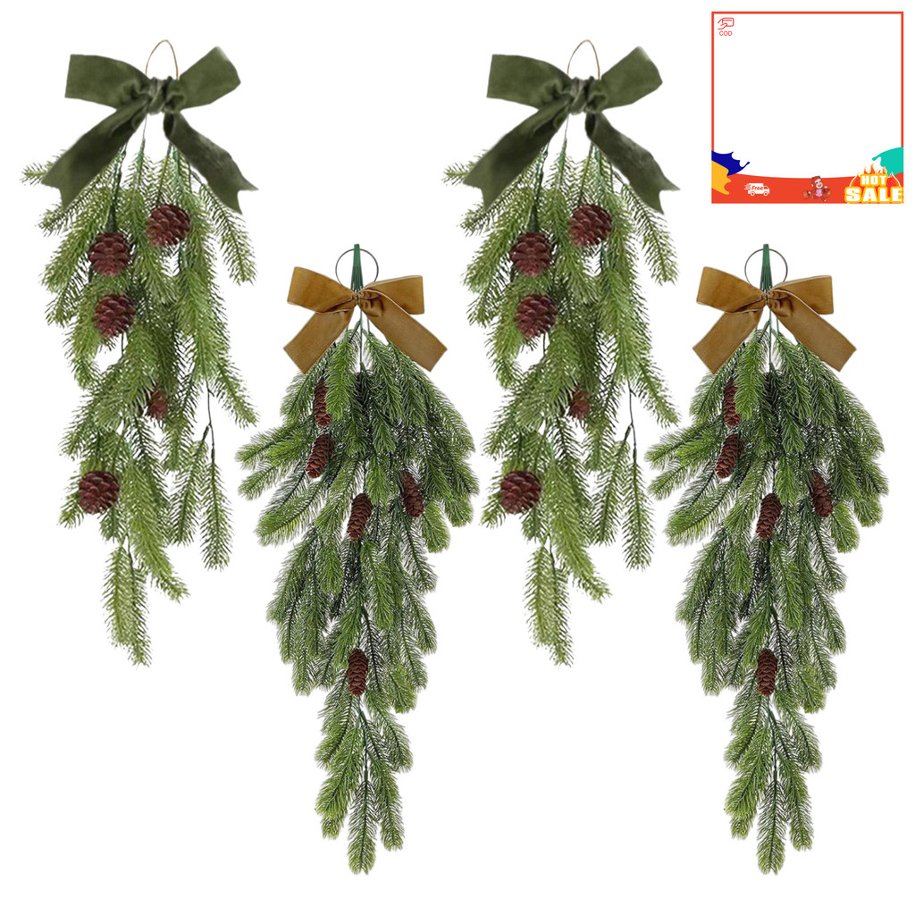 TW-2 ชิ้นคริสต์มาส Teardrop Swag เข็มสน Faux Swag พร้อมกรวยสนและโบว์ประดิษฐ์แขวน Greenery Garlan