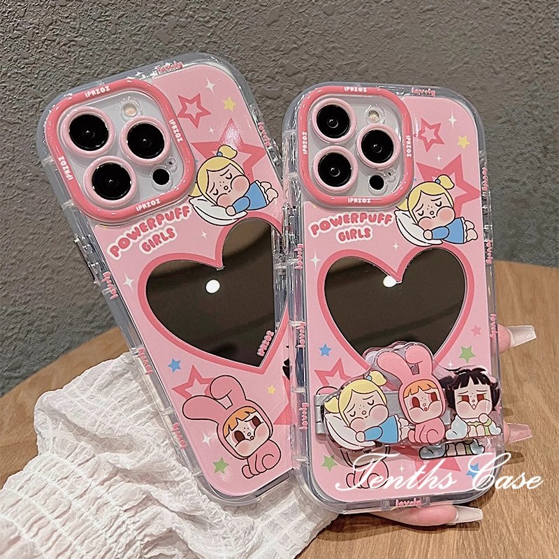 เข้ากันได้กับ IPhone 16 15 11 12 13 14 Pro Max Xr X Xs Max 7 8 Plus Power Puff Girls Bracket Mirror Phone Case Soft Cover