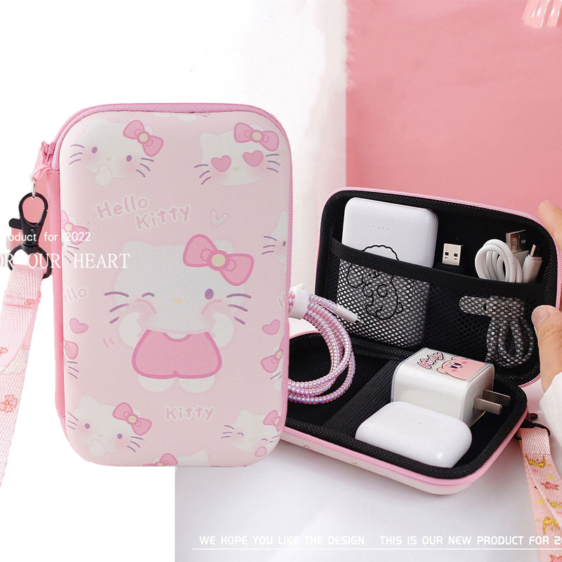 น่ารัก Hello Kitty แบบพกพา Power Bank กระเป๋าเก็บกระเป๋าเดินทางสาย Digital PU กระเป๋าหนังกันน้ํา
