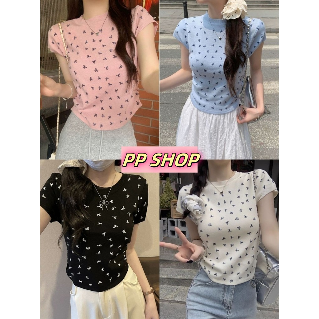 PP Shop​ พร้อมส่ง เสื้อยืด คอกลม แขนสั้น เสื้อไหมพรม แฟชั่น เข้ารูป ลายโบว์ สไตล์เกาหลี แฟชั่นฤดูร้อน น่ารัก#15037