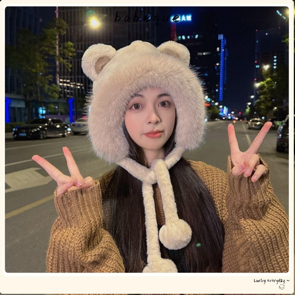 บาเบเก้ หมวกหูหมี,ป้องกันหูให้นมบุตรหมวกฤดูหนาว,น่ารักทําด้วยผ้าขนสัตว์อบอุ่นกํามะหยี่ถังหมวกผู้หญิง