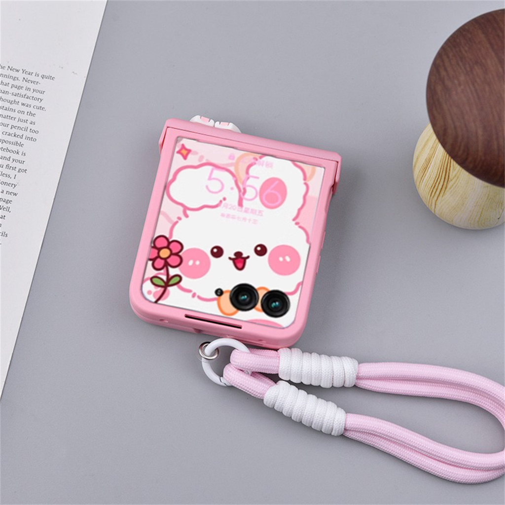 Luken เกาหลีน่ารักกระต่ายหูสีชมพูแบบพกพาเชือกเคสโทรศัพท์สําหรับ Motorola Razr 50 Ultra 50Ultra Razr4