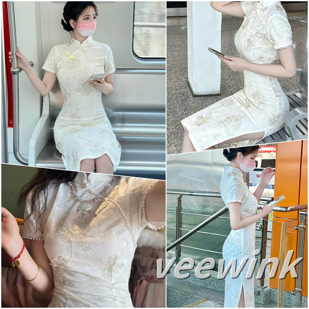 Veewink พร้อมส่งจากกทม ชุดเดรสกี่เพ้า แขนสั้น ความรู้สึกพรีเมี่ยม ยาวเหนือเข่า ผ่าข้าง เซ็กซี่ สไตล์จีน หรูหรา
