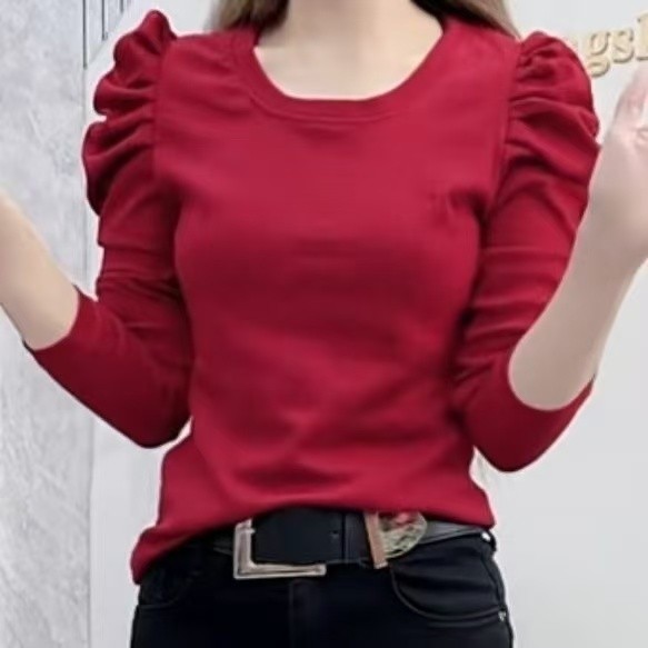 ผู้หญิงบางรอบ โอ-คอปกใหม่พัฟแขนยาว จุดต่ําสุด เสื้อเสื้อยืดด้านบน