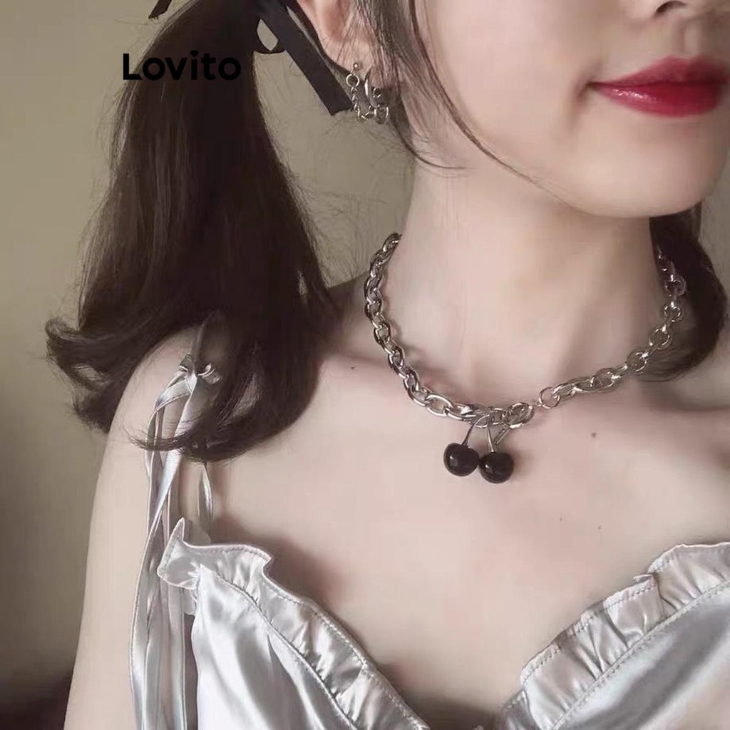 Lovito สร้อยคอผู้หญิง แบบโซ่ แต่งจี้เชอร์รี่ สไตล์น่ารัก LFA33028