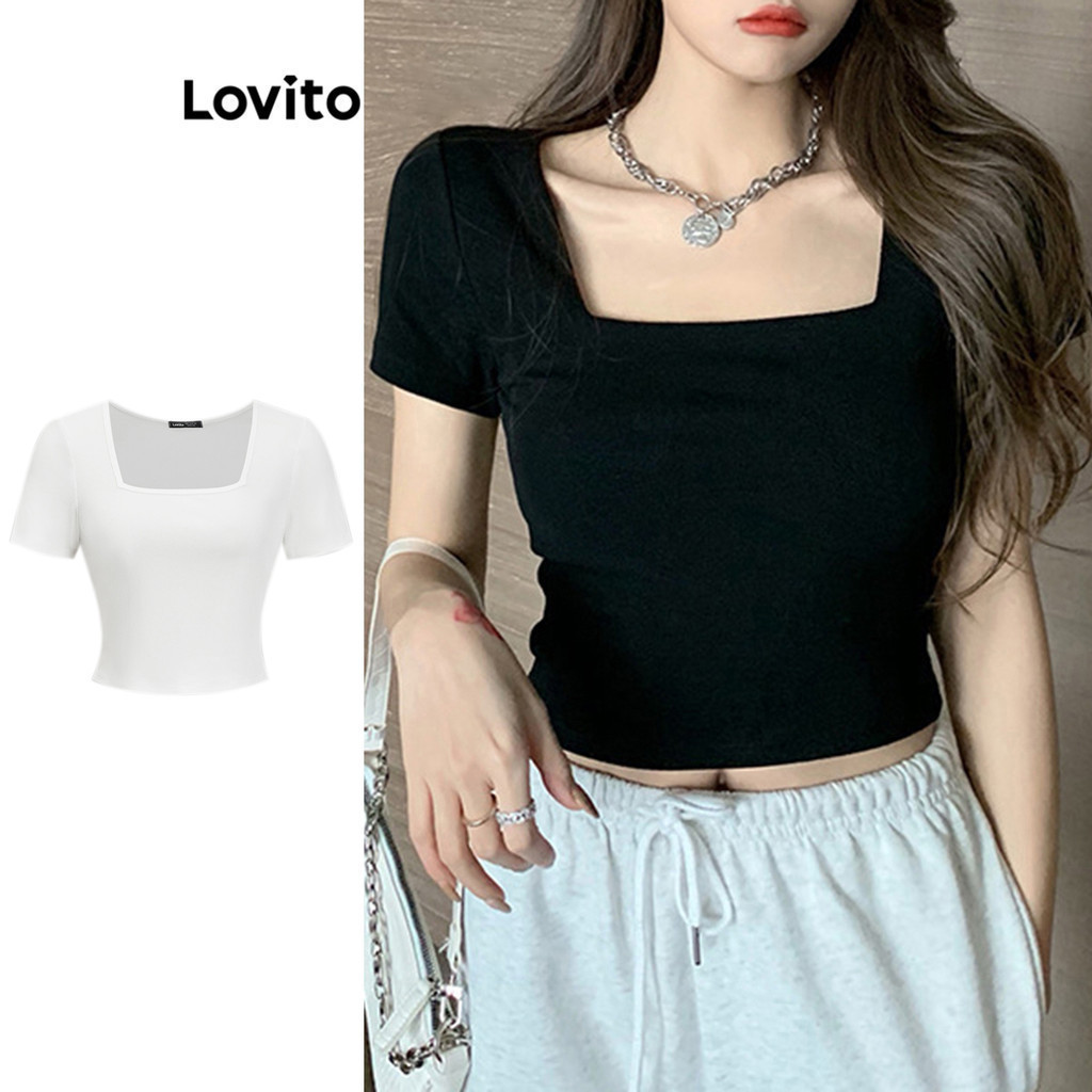 Lovito เสื้อยืด คอเหลี่ยม เบสิก สีพื้น สไตล์ลำลอง สำหรับผู้หญิง LNE11006 (หลากสี)