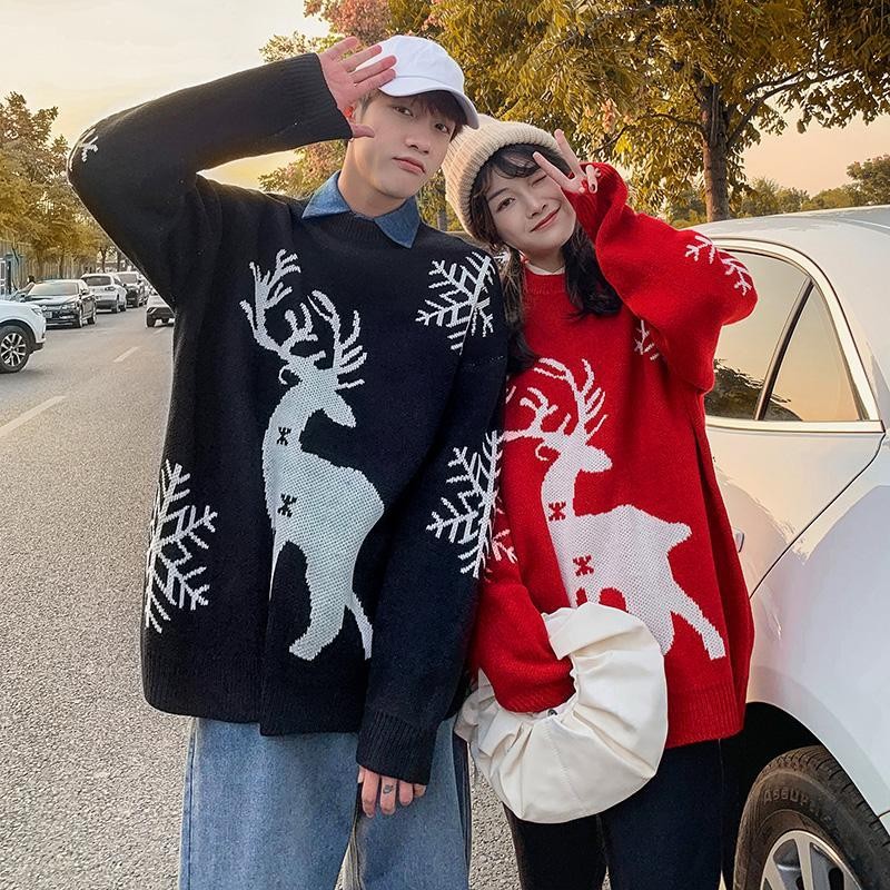 D.H ฤดูใบไม้ร่วงและฤดูหนาวธีมคริสต์มาสคู่กวางเสื้อสเวตเตอร์สีแดงสำหรับผู้ชาย INS เสื้อสเวตเตอร์ทรงหลวมอินเทรนด์สไตล์ชิวๆ