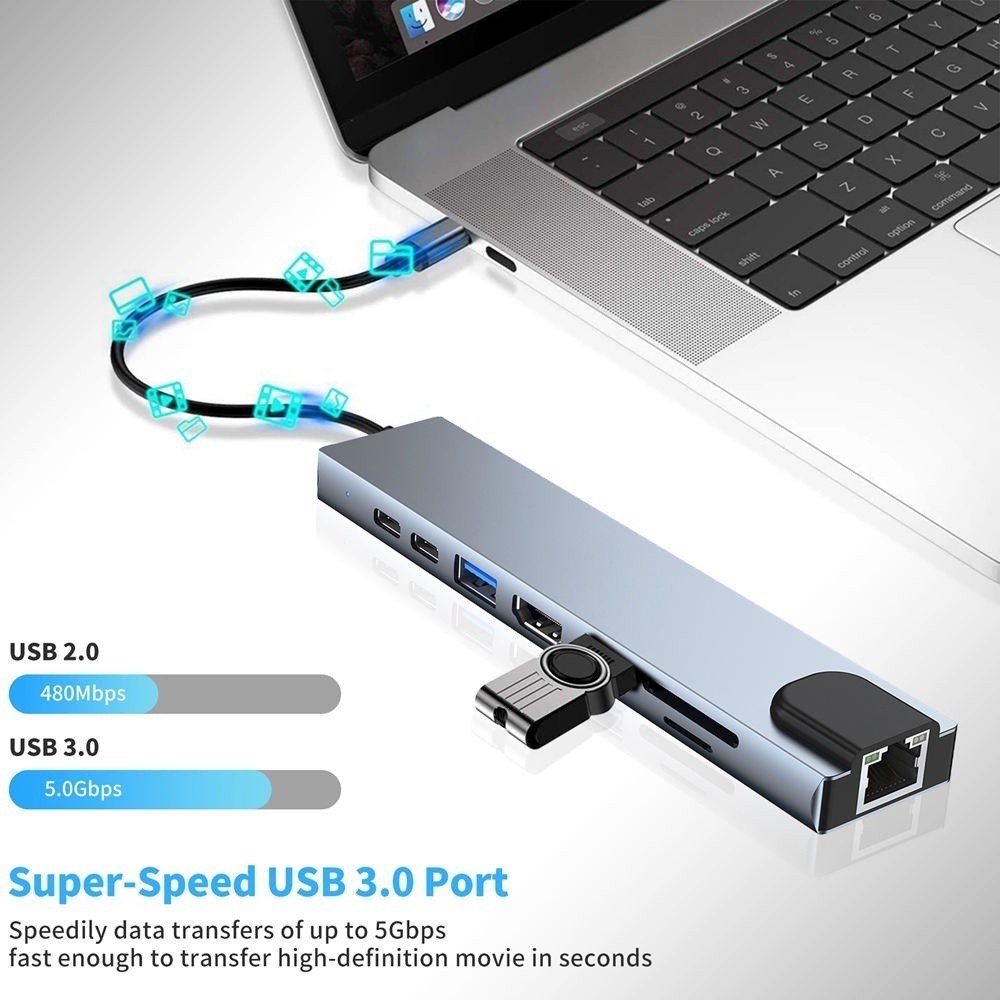 【รับประกัน 1 ปี】 8-in-1 อะแดปเตอร์ฮับการ์ดรีดเดอร์ USB Type-C Hub 4K HDMI RJ45 USB SD/TF PD ชาร์จเร็ว สำหรับ MacBook