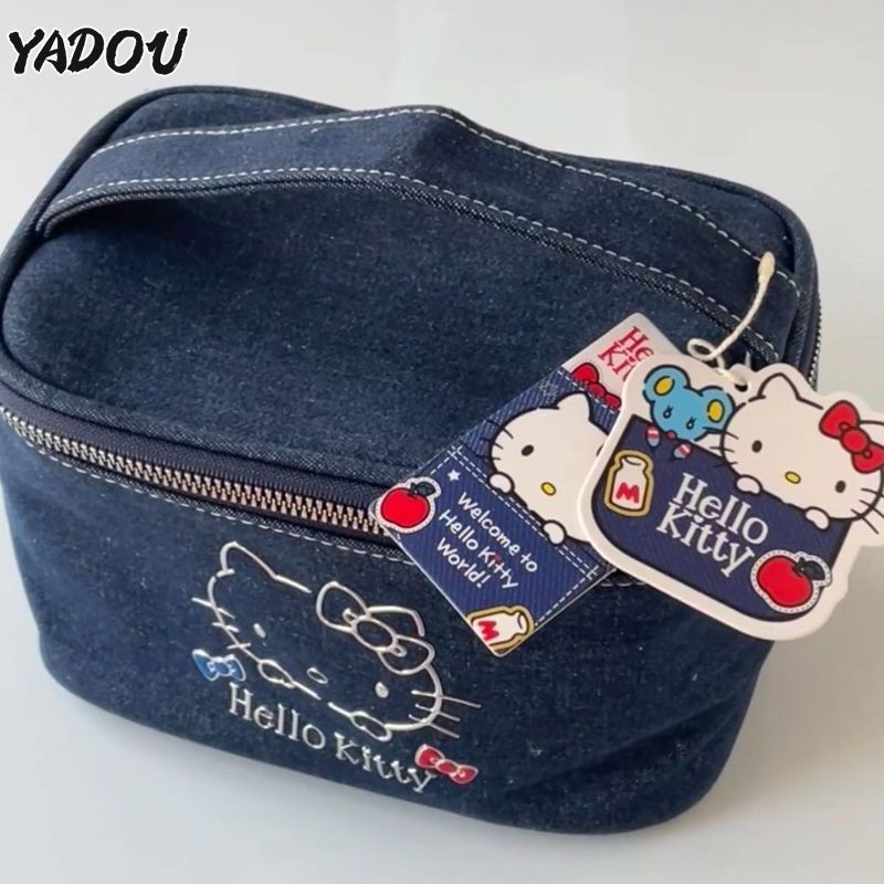 Yadou Kitty Cat Denim กระเป๋าเครื่องสําอางขนาดใหญ่ความจุลิปสติกชุดหูฟังแบบพกพากระเป๋าเก็บแบบพกพา