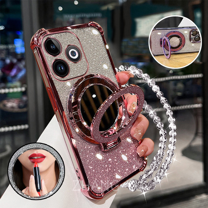 เคสสําหรับ infinix smart 8 hot 40i เคสโทรศัพท์กันกระแทก 3D ที่วางกระจกแต่งหน้าสร้อยข้อมือใหม่เคสนิ่ม