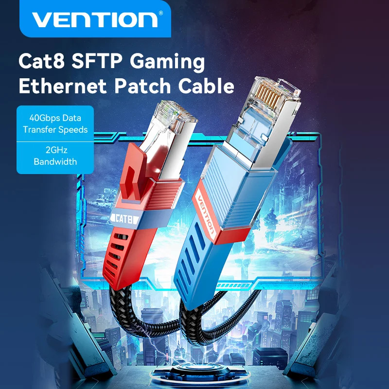 Vention CAT8 สายเกมอีเธอร์เน็ต 40Gbps 2000MHz CAT 8 เครือข่ายผ้าฝ้ายถักสาย Lan อินเทอร์เน็ต