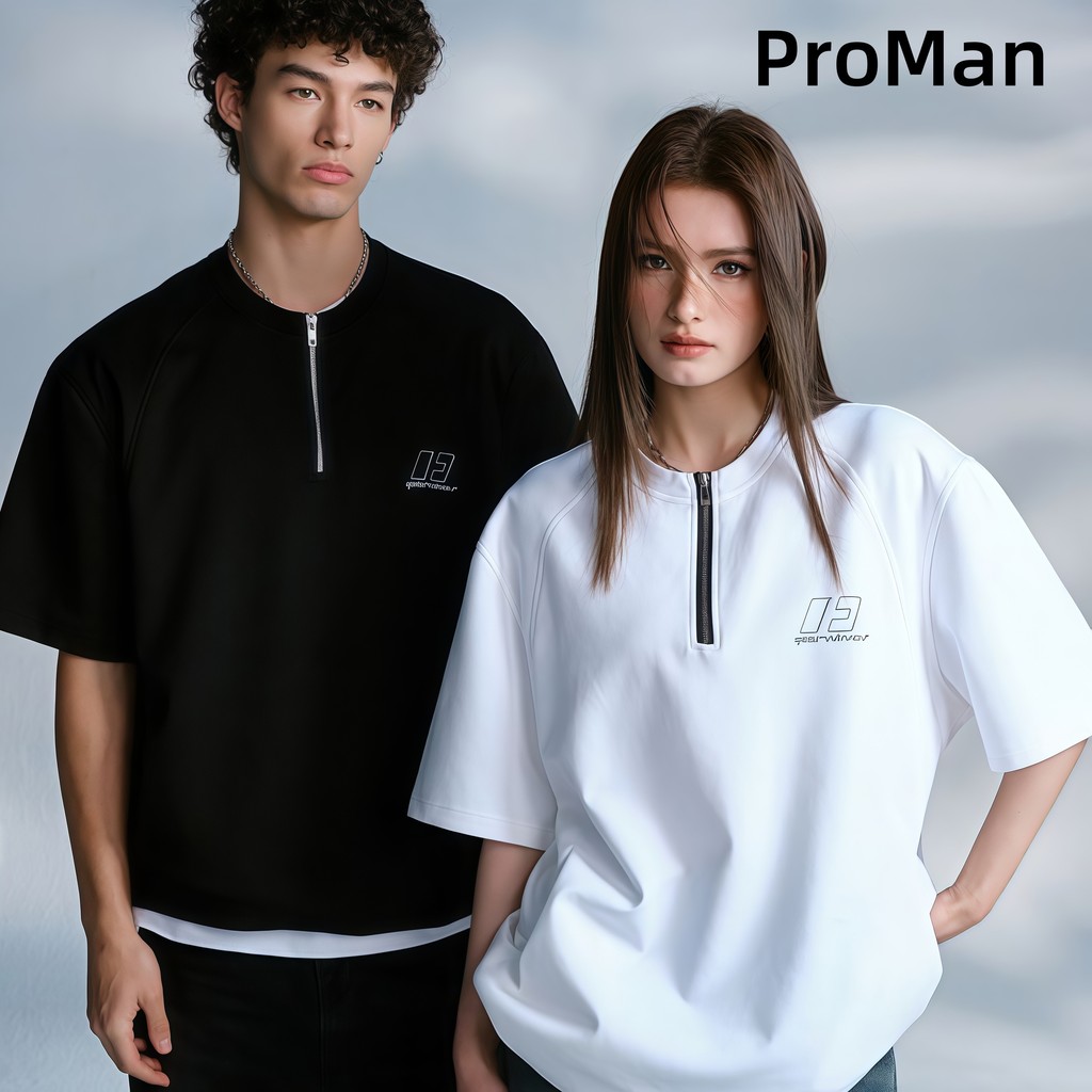 ProMan-ชายแขนสั้นคอกลมครึ่งซิป  พิมพ์ลายตัวอักษร  ไหล่  ลำลอง  รุ่นเดียวกันทั้งชายและหญิง