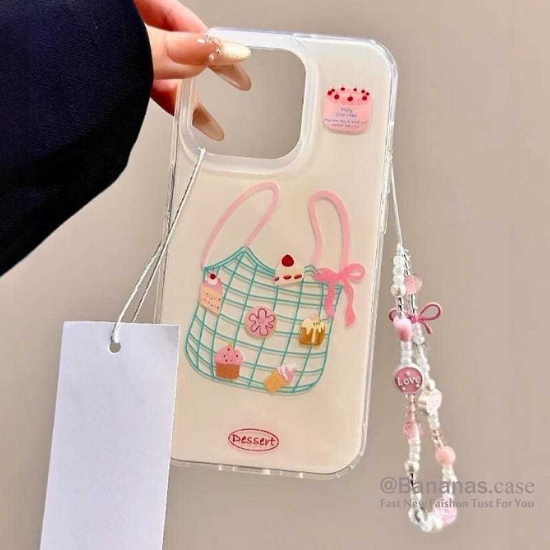เข้ากันได้กับ iPhone 16 15 14 13 12 11 Pro Max 16E X Xr Xs Max 7 8 Plus SE2020 เคสโทรศัพท์การ์ตูนเค้กหวาน + Lanyard Clear Soft ฝาหลัง