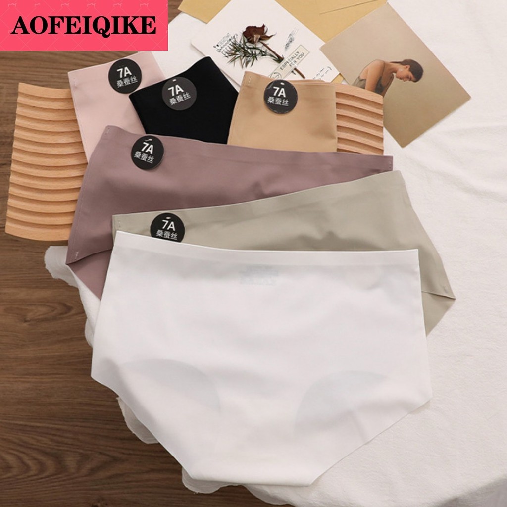 Aofeiqike 1/3 ชิ้น 7A Mulberry Silk ผ้าไหมน้ําแข็งกางเกงผู้หญิงชุดชั้นใน Mid-rise Breathable วัยรุ่นหญิง Simple สีทึบกางเกงสามเหลี่ยม