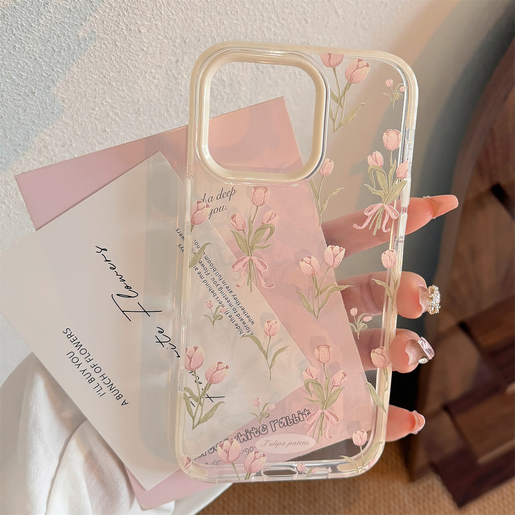 รูปแบบดอกทิวลิปหรูหรา เคสแข็งวัสดุ TPU สองชั้น fpr iphone 11 12 13 14 15 16 pro max plus