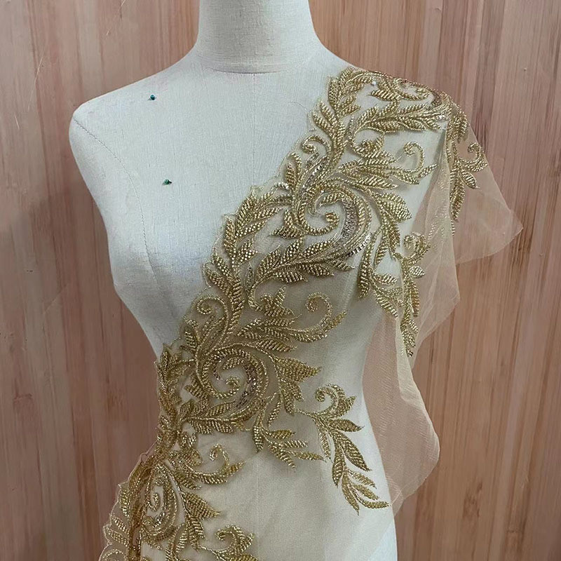 ผ้าแต่งลูกปัดปักเลื่อม 3D ประณีต ละมุน 1 หลา สำหรับทำงานฝีมือ DIY ชุดแต่งงาน กว้าง 27 ซม.