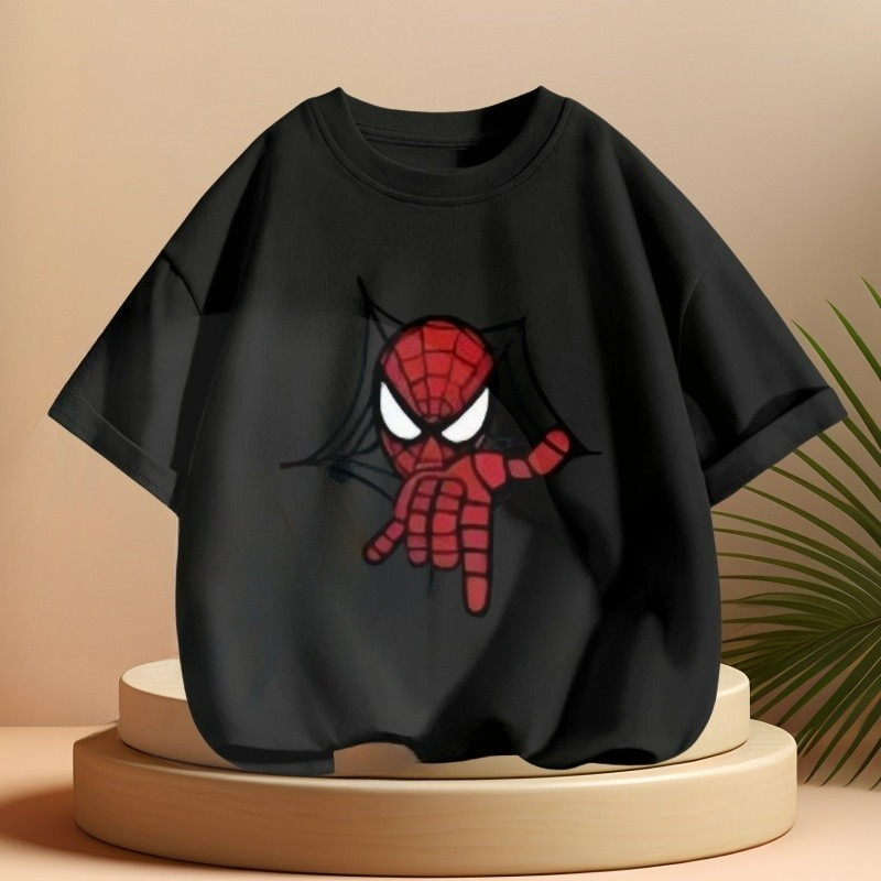🕷️เสื้อยืดลายสไปเดอร์แมน เด็กชายผู้หญิง เสื้อยืดผ้าคอตตอน 100% ลายทาง TZCM2396 ตัวอักษร หลวม ลายสกรีน ฤดูร้อน สะกดสี