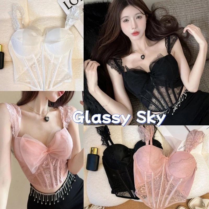Glassy Sky💖พร้อมส่ง💖 เสื้อสายเดี่ยว มีฟองน้ำ ดีเทลเพิ่มดันทรง ด้านหลังสม๊อค แขนกุด (FY1126-L)