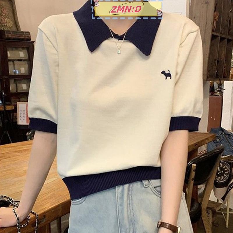 ใหม่wellknowngreat เกาหลีสไตล์วิทยาลัยปักปกแขนสั้นเสื้อยืดถักลําลองสําหรับผู้หญิง RRT