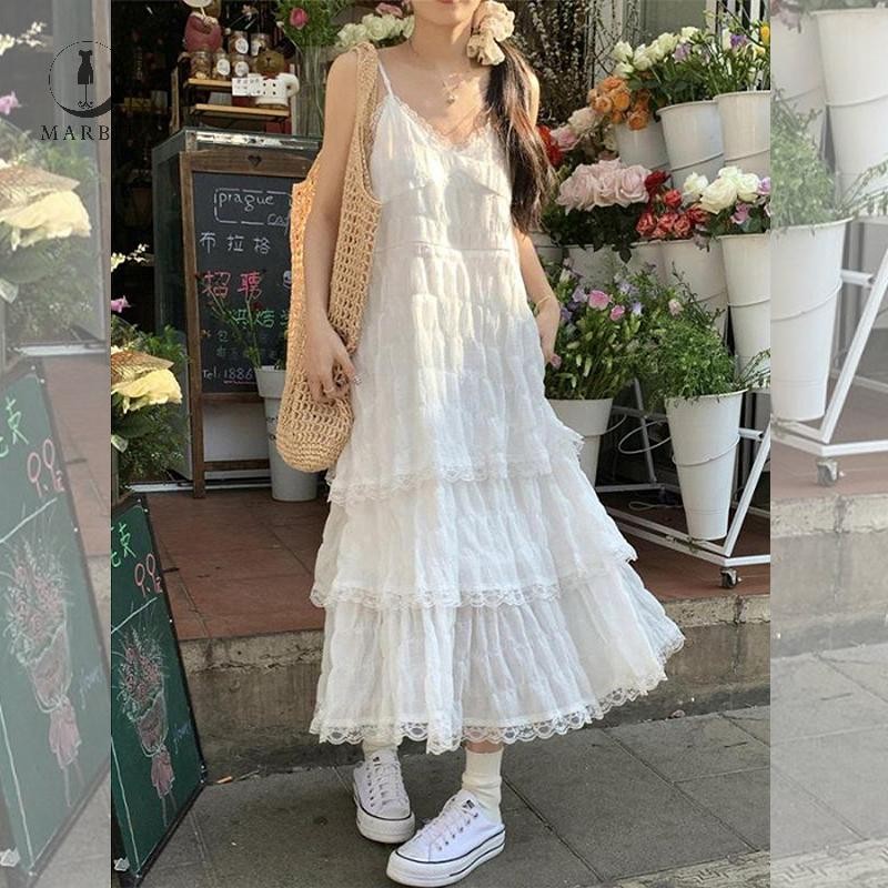 Marbit สีขาว Midi ชุดผู้หญิง Boho ลูกไม้ Jacquard เอวสูงแขนกุด Ruffles ชุด ZHN