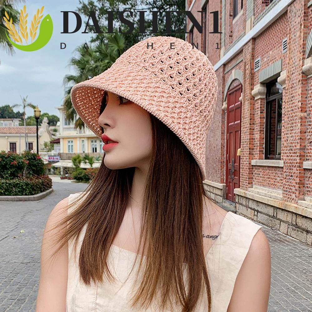 Daishen1 หมวกฟาง แบบพับได้ ป้องกันรังสียูวี สีพื้น แฟชั่นหรูหรา สําหรับผู้หญิง