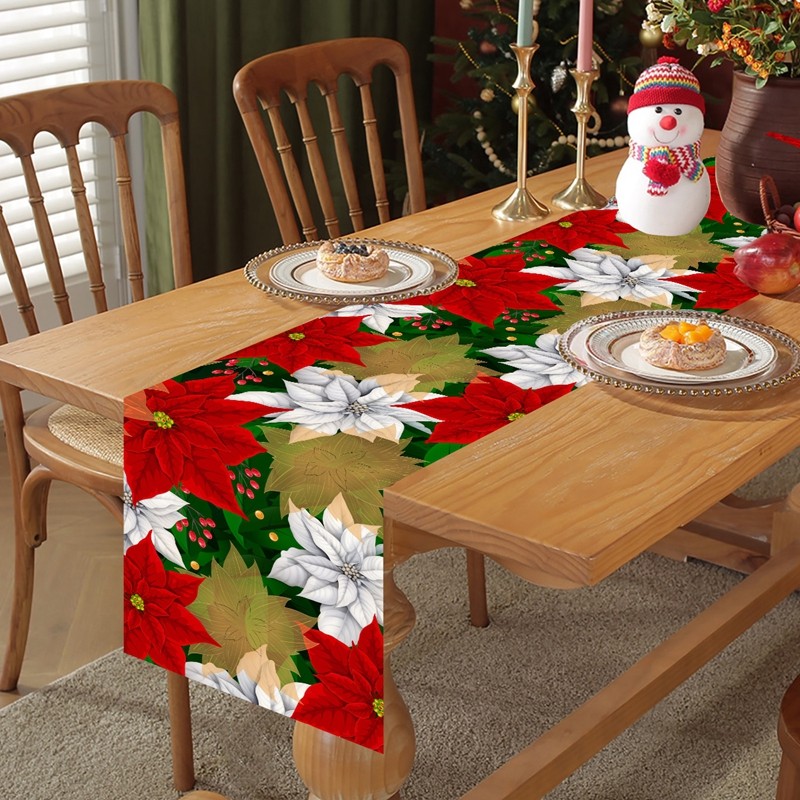 183*33 ซม.ดอกไม้ Merry Christmas Table Runner 6 ที่นั่งตกแต่งคริสต์มาสสําหรับบ้าน 2024 คริสต์มาสคราบสีแดงสีเขียว Leaf ดอกไม้ตารางผ้าลินินตกแต่งปีใหม่ตกแต่ง