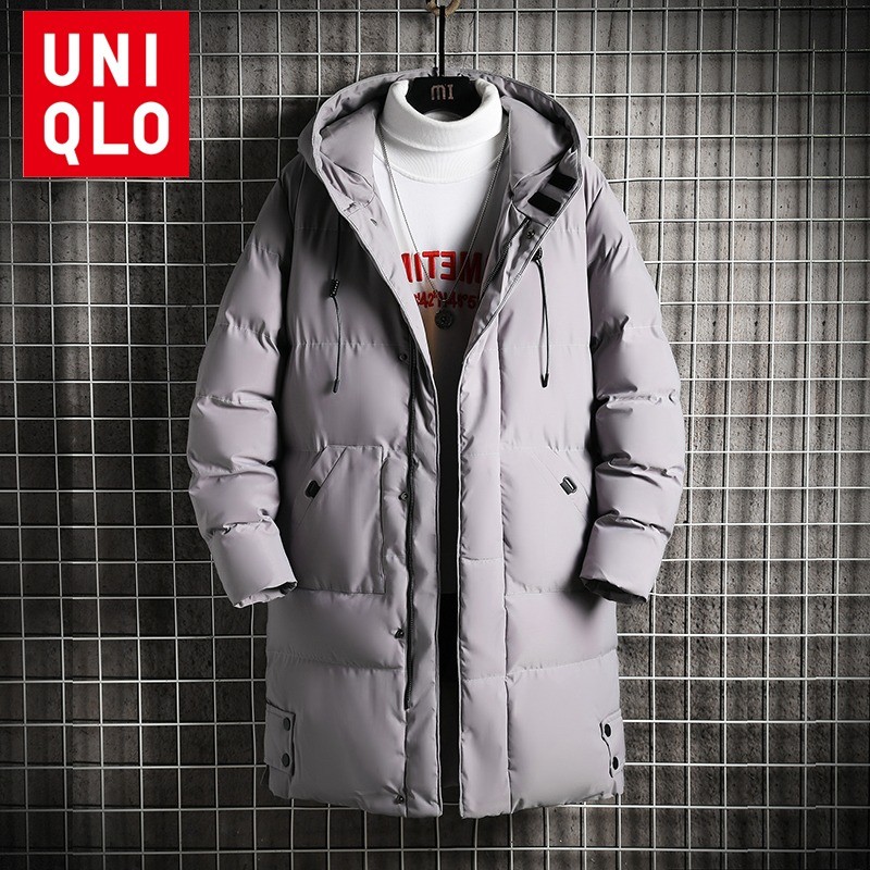 Uniqlo เสื้อแจ็คเก็ตผ้าฝ้ายยาวผู้ชาย M-8XL พร้อมเสื้อแจ็คเก็ตกันลมแบบหนาสีทึบมีฮู้ด