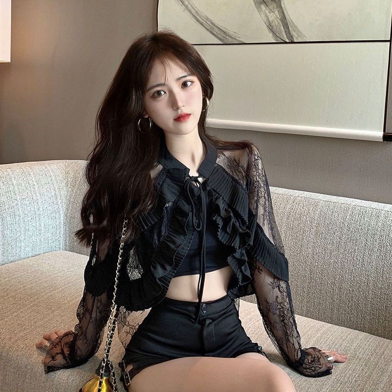 เซ็กซี่สาวร้อนเร้าใจ Classy เสื้อลูกไม้ด้านนอกผ้าคลุมไหล่ผู้หญิงอินเทรนด์ฤดูใบไม้ผลิฤดูร้อนสไตล์ใหม่สั้นครีมกันแดดเสื้อผ้าผู้หญิง
