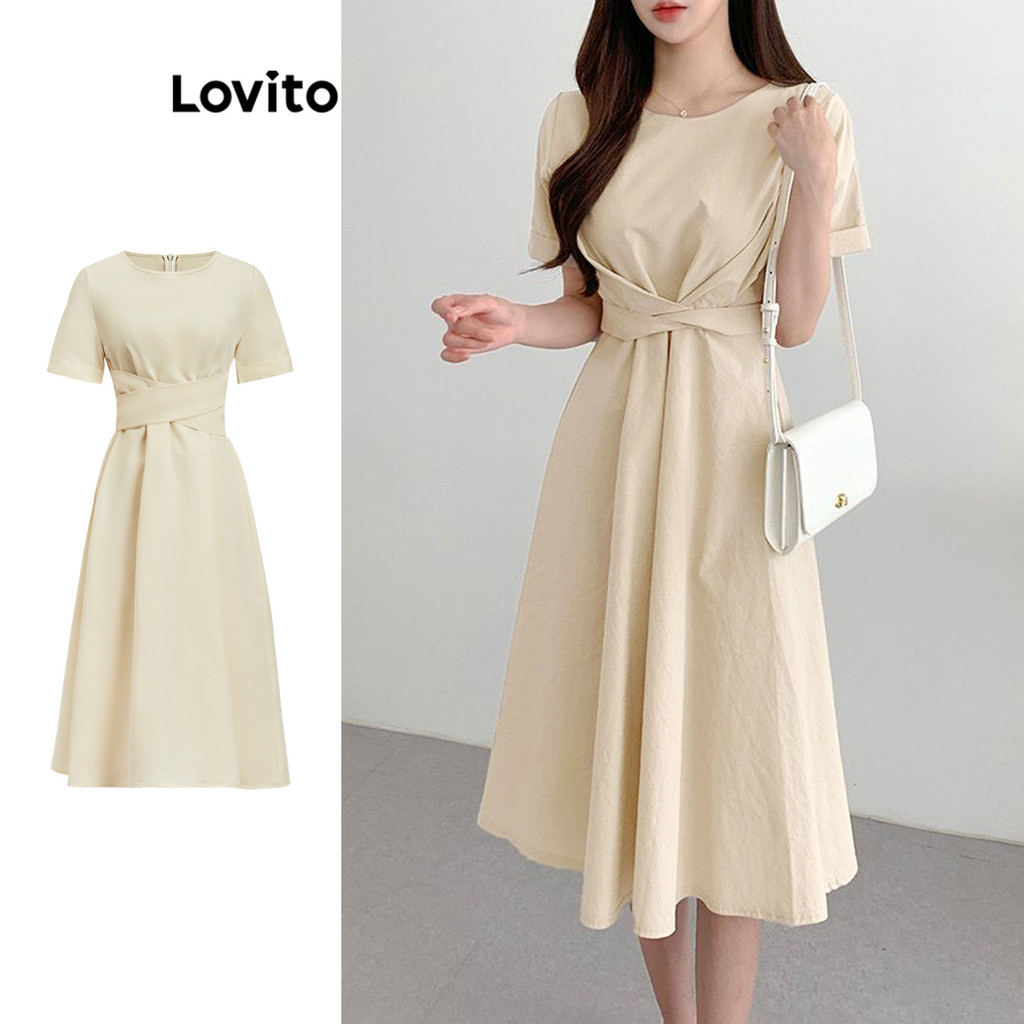 Lovito ชุดเดรสลูกไม้สีพื้นหรูหราสำหรับผู้หญิง L108ED381
