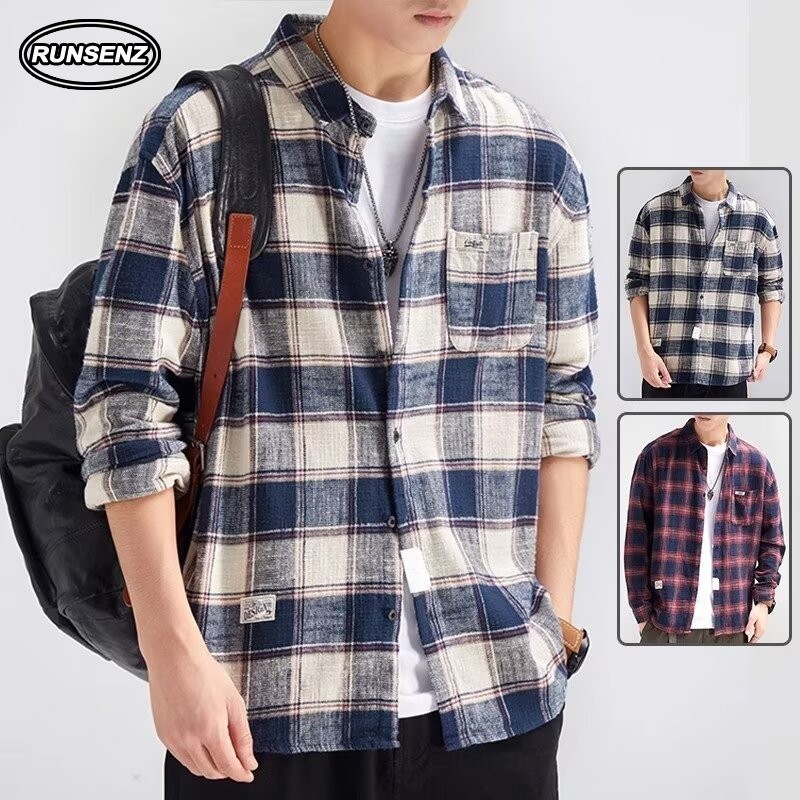 ม-5เอ็กแอล อเมริกันย้อนยุคเสื้อลายสก๊อตผู้ชายสีแดงสบายๆหลวมขนาดบวกเสื้อเชิ้ตแขนยาว