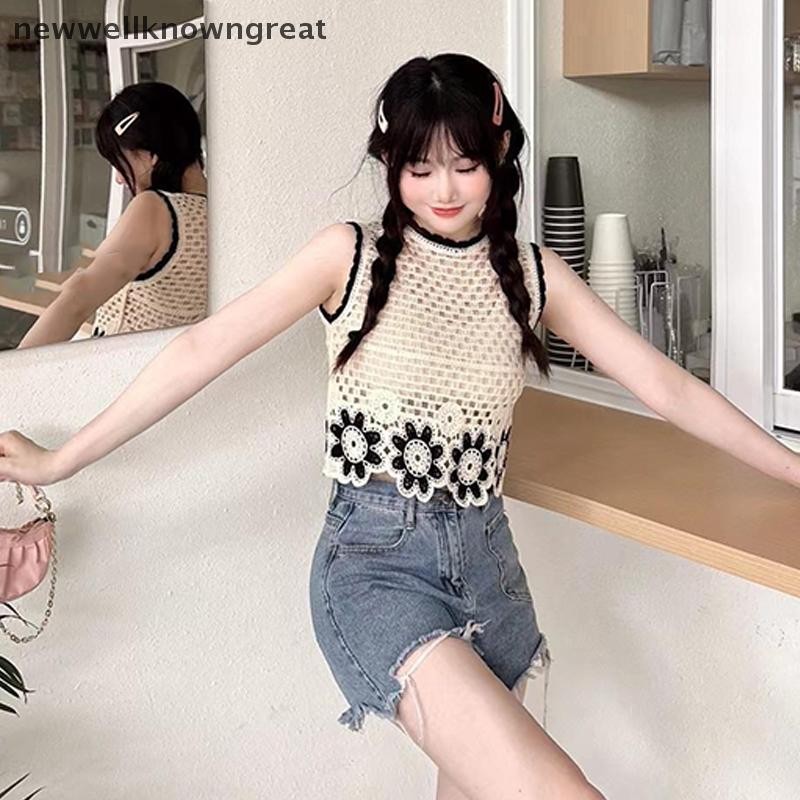 Newwellknowngreat ฤดูร้อน Retro ดอกไม้ Hollow ปักรอบคอแขนกุดหลวมถักเสื้อกั๊กสําหรับผู้หญิง RRT