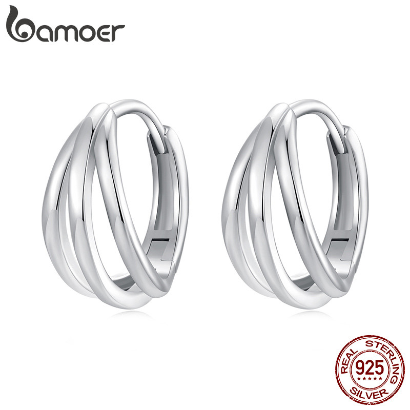 Bamoer ต่างหูห่วงเศษไม้เงินแท้ 925 ของขวัญเครื่องประดับหลายชั้นสําหรับผู้หญิง
