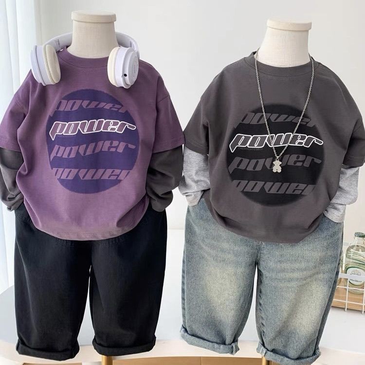 Kid Tops100% Cotton Splicing Contrast สีแขนยาวรอบคอเสื้อยืดพิมพ์สไตล์เกาหลีเสื้อยืดแฟชั่นฤดูใบไม้ร่วงเด็กผู้หญิงสวมใส่