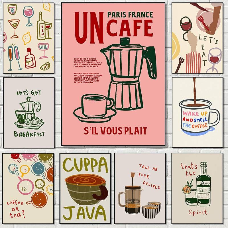 ภาพวาดผ้าใบย้อนยุคที่สวยงาม: น้ําชายามบ่ายร้านกาแฟพร้อมถ้วยกาแฟครัวซองต์และสีสันสดใสสําหรับศิลปะผนัง