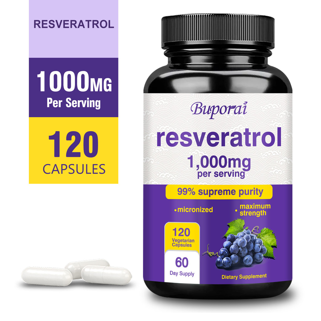 Coolkin Resveratrol อาหารเสริม 1000 มก. สารต้านอนุมูลอิสระ สมอง & หัวใจสนับสนุน - ไม่ใช่จีเอ็มโอ 30/60/120 แคปซูล