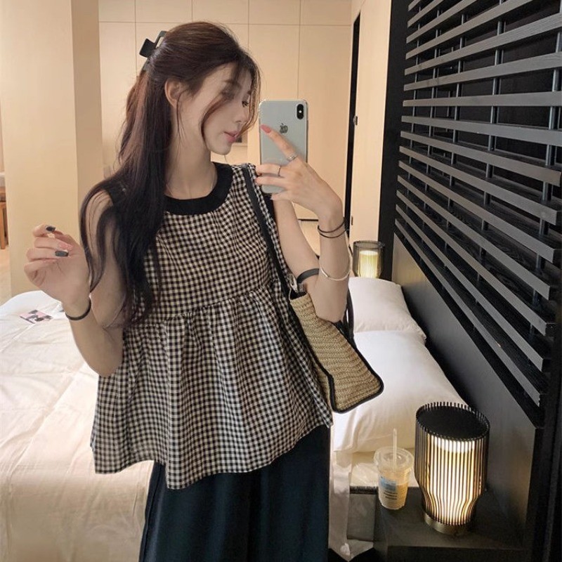 🧡LINNA🧡แขนกุด ตาหมากรุก เสื้อเชิ้ต ความเรียบง่าย หลวม แฟชั่น สไตล์ใหม่