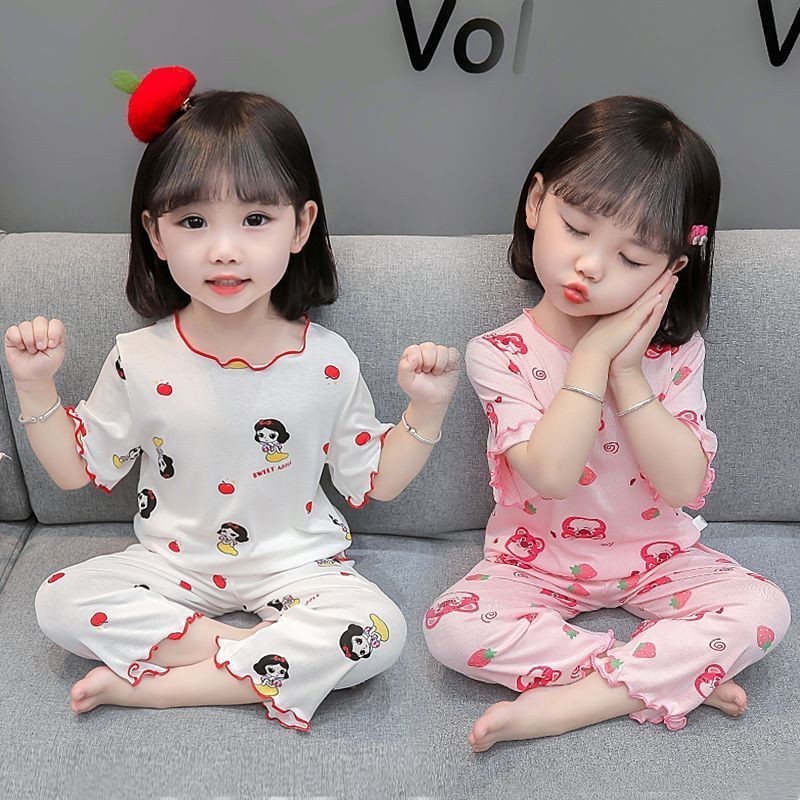 [เฮ้] 90-140 เด็กชุดนอนผ้าไหมน้ําแข็งหญิงทารกบางสูทสาวลูกไม้การ์ตูนแขนสั้น ชุดบ้าน
