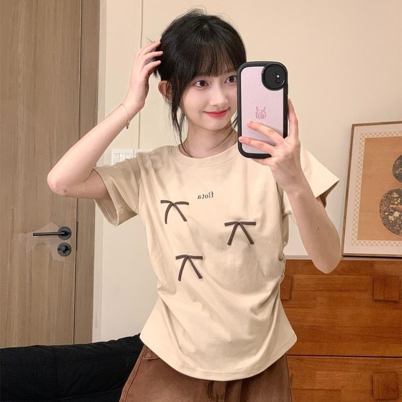 Anata ตัวอักษรใหม่ ที่ไม่ซ้ำกันพิมพ์ลายดอกไม้แขนสั้นโบว์สดชื่นเสื้อด้านบน