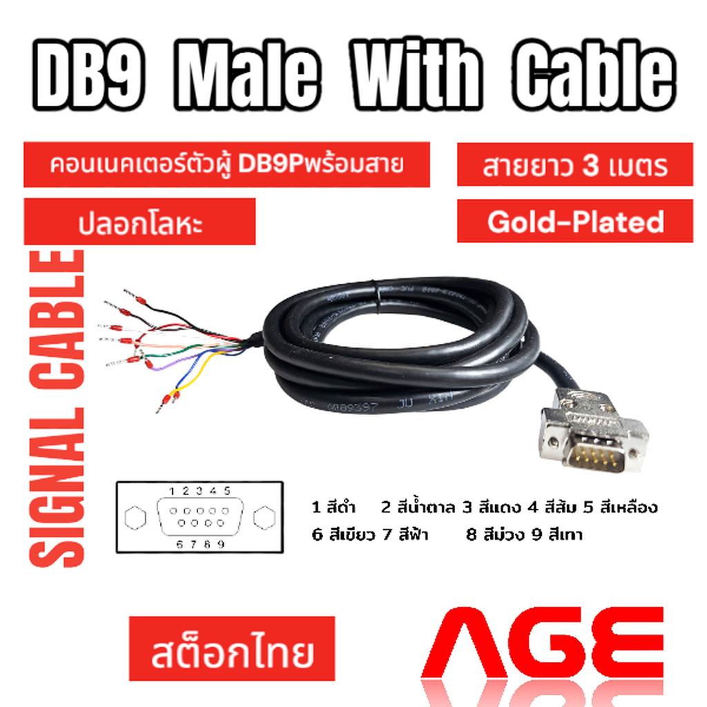 สายสัญญาณ DB9 Male With Cable 3M ,คอนเนคเตอร์ตัวผู้ DB9Pพร้อมสายยาว 3 เมตร