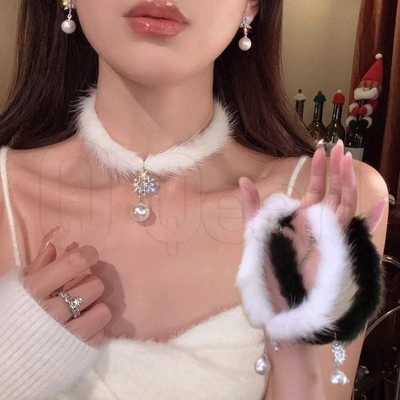 สร้อยคอมุกเกล็ดหิมะตุ๊กตา - Rhinestones Snowflake Choker - จี้สร้อยคอ - หวาน สง่างาม เกาหลี - เครื่องประดับปาร์ตี้ Chirstmas - สําหรับผู้หญิง - เครื่องประดับแฟชั่น